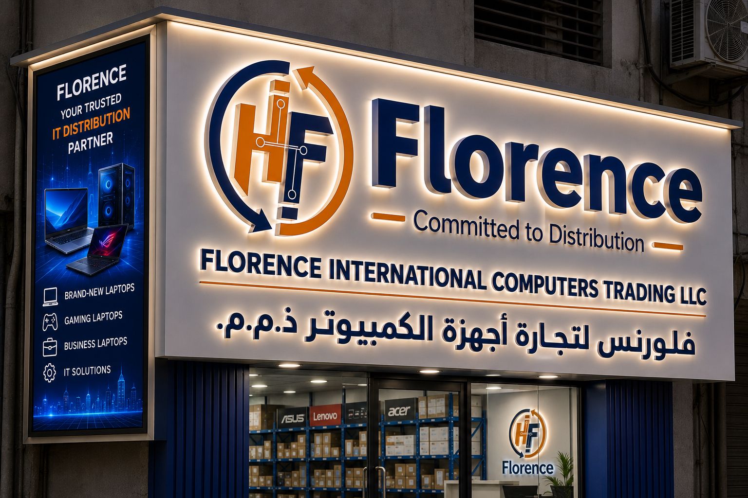 Illuminated Florence International Computers Trading LLC shopfront sign, Committed to Distribution